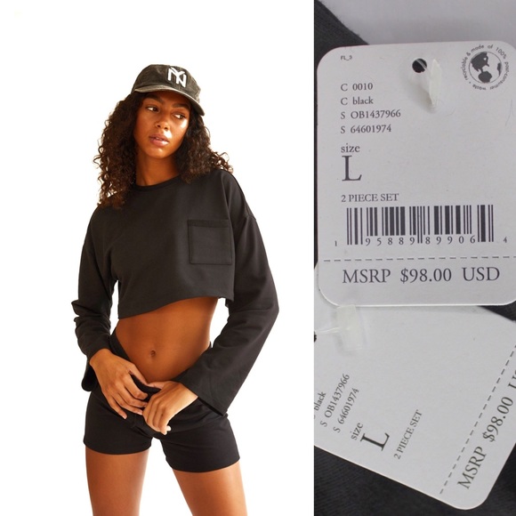 NEW Free People Cropped Sunny Short Set + Long Sleeve Top Large Black - Picture 1 of 9